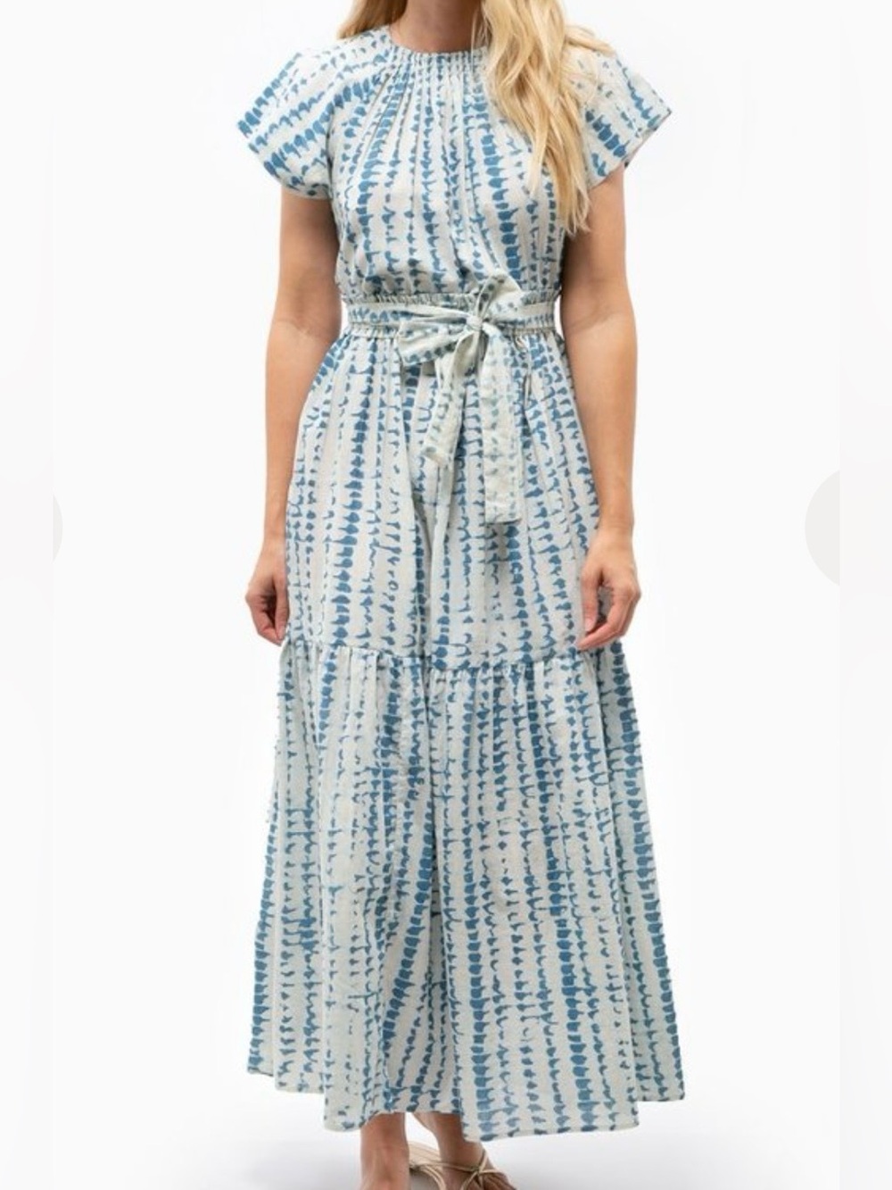 Mirth Vienna Indigo Light Blue Tie-Dye Maxi Dress with Waist Tie